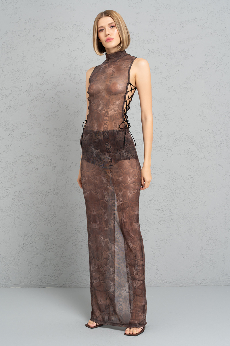 Wholesale Brown & Black Leopard Mesh Maxi Dress