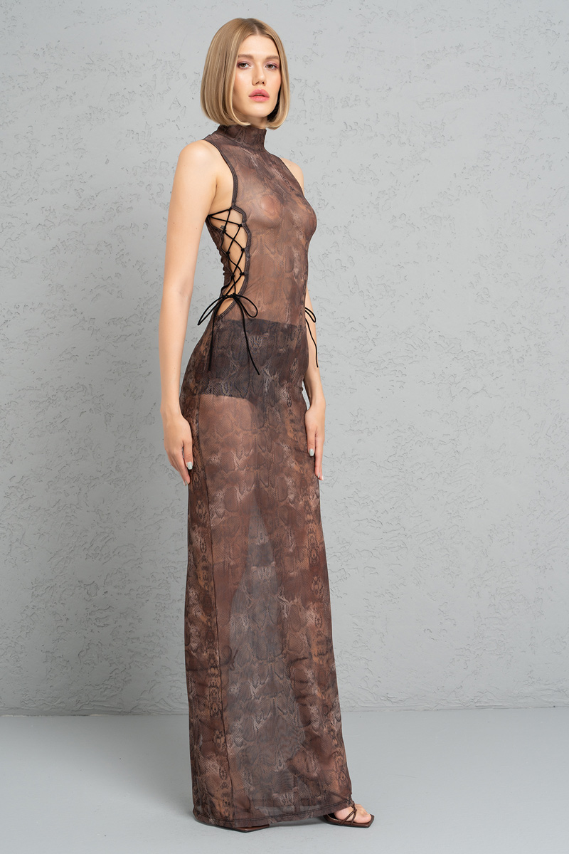 Wholesale Brown & Black Leopard Mesh Maxi Dress