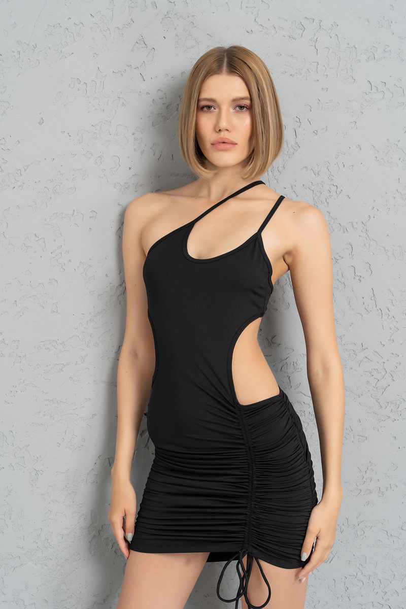Wholesale Black Cut Out Waist Shirred Dress