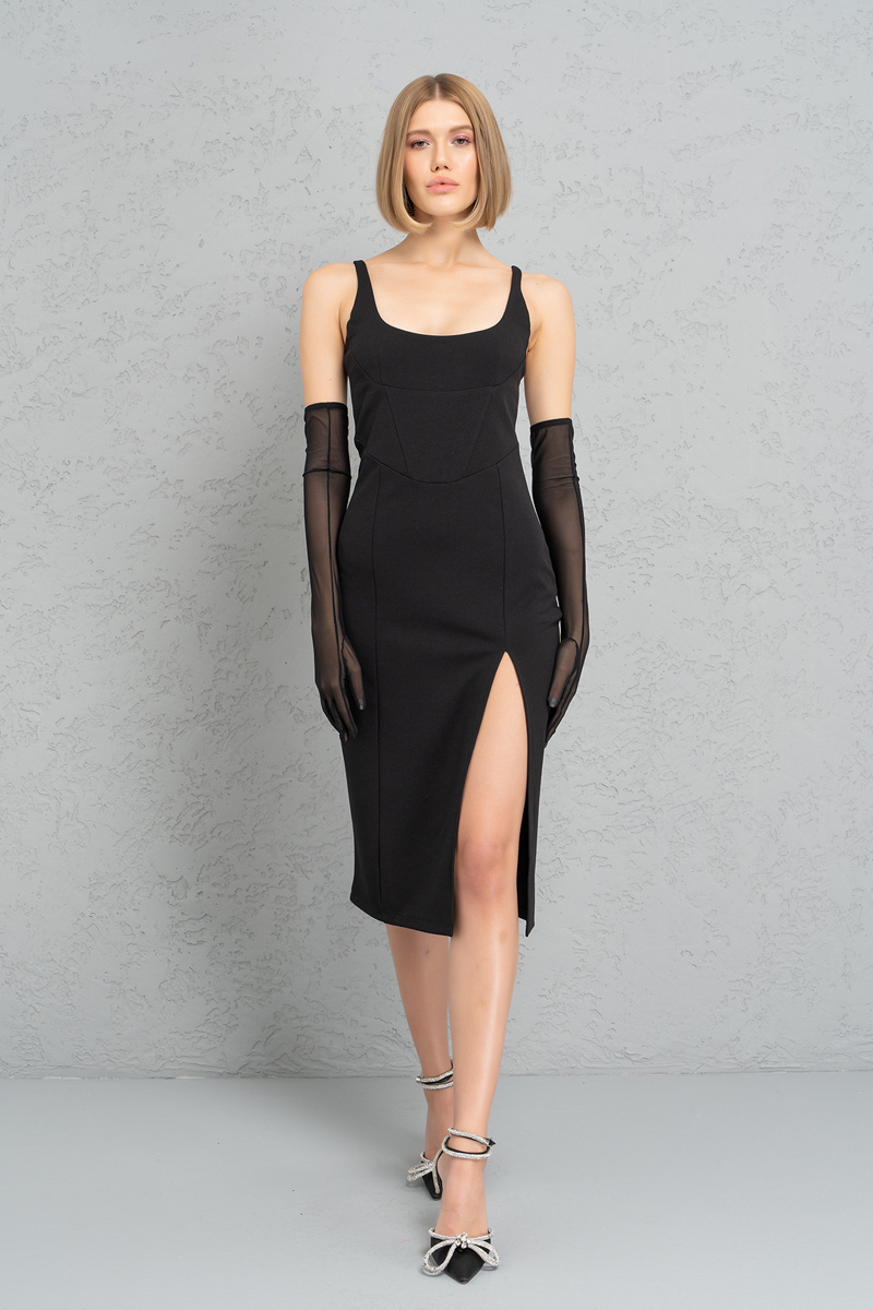 Black Split-Leg Dress with Gloves