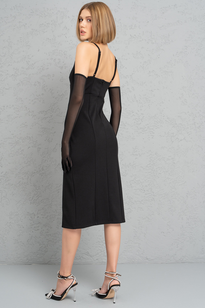 Black Split-Leg Dress with Gloves