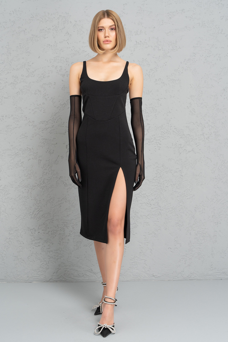 Black Split-Leg Dress with Gloves