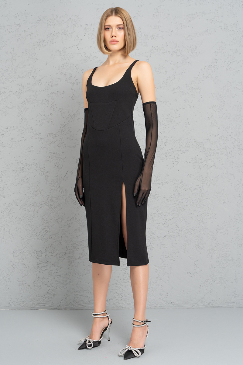 Black Split-Leg Dress with Gloves