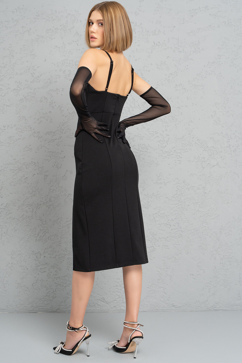 Black Split-Leg Dress with Gloves