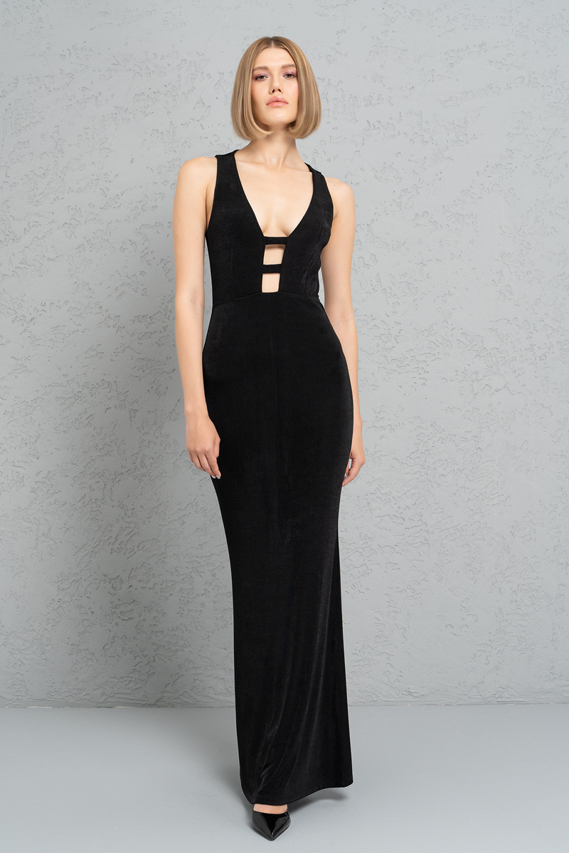 Wholesale Black Plunging Sleeveless Maxi Dress