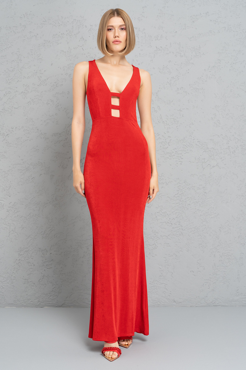 оптовая красный Plunging Sleeveless Maxi Dress