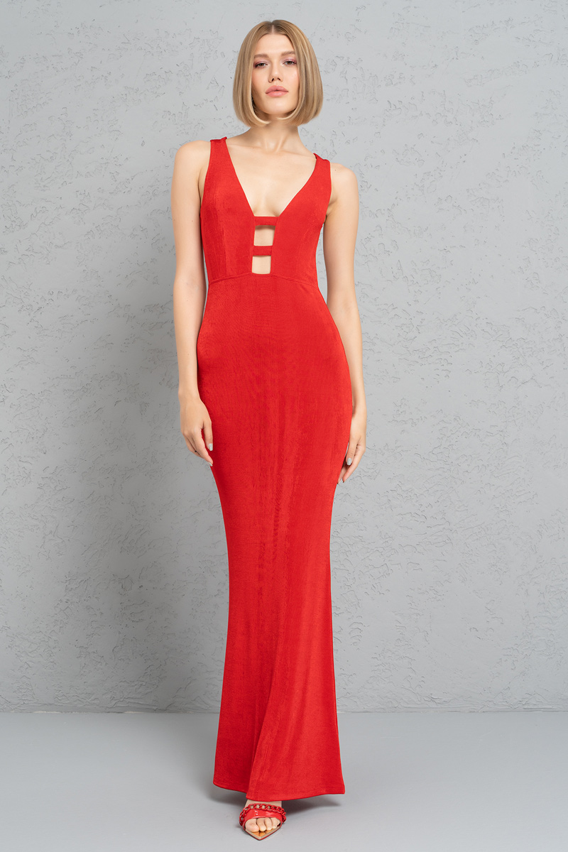 Red Plunging Sleeveless Maxi Dress