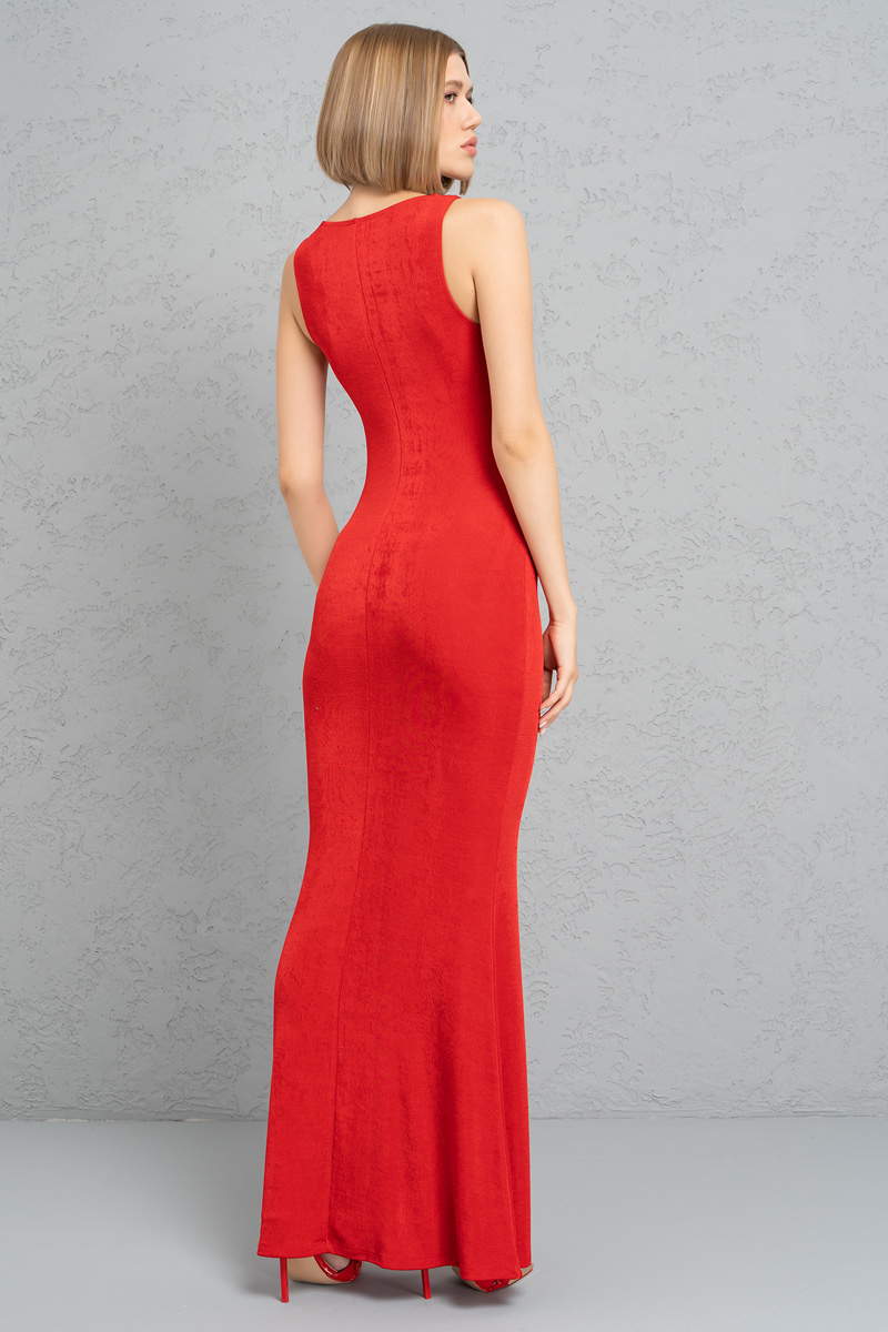 Red Plunging Sleeveless Maxi Dress