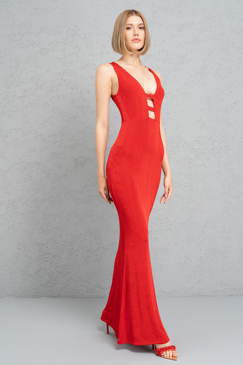 красный Plunging Sleeveless Maxi Dress
