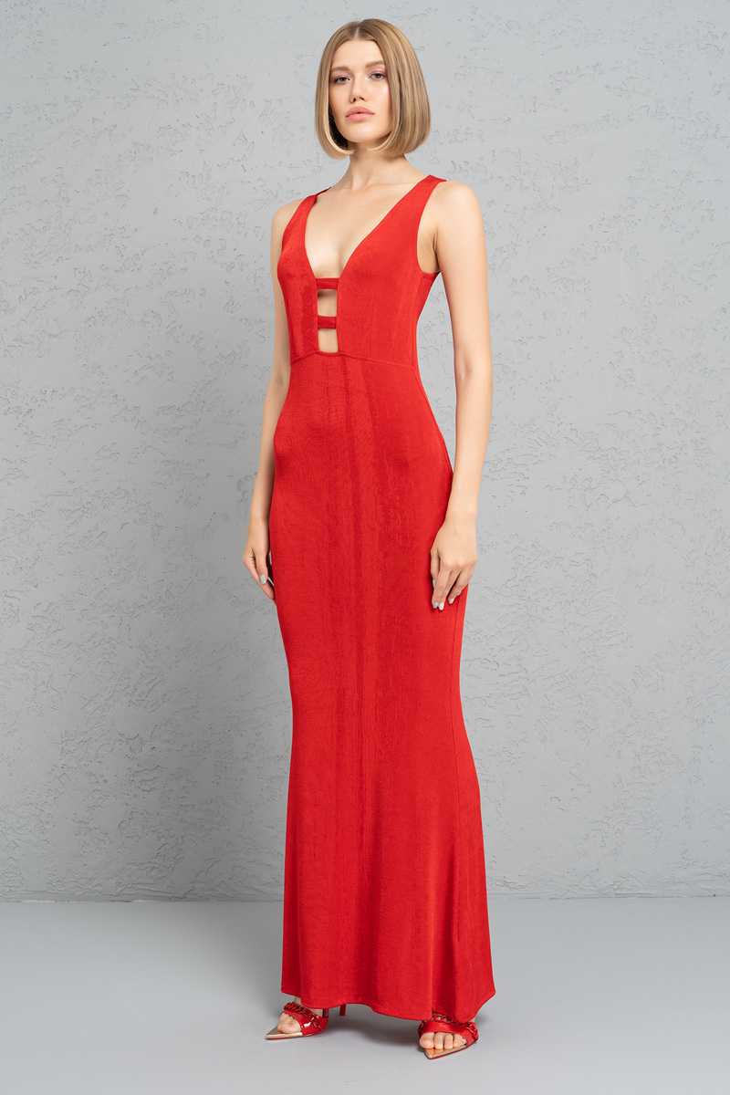 Wholesale Red Plunging Sleeveless Maxi Dress