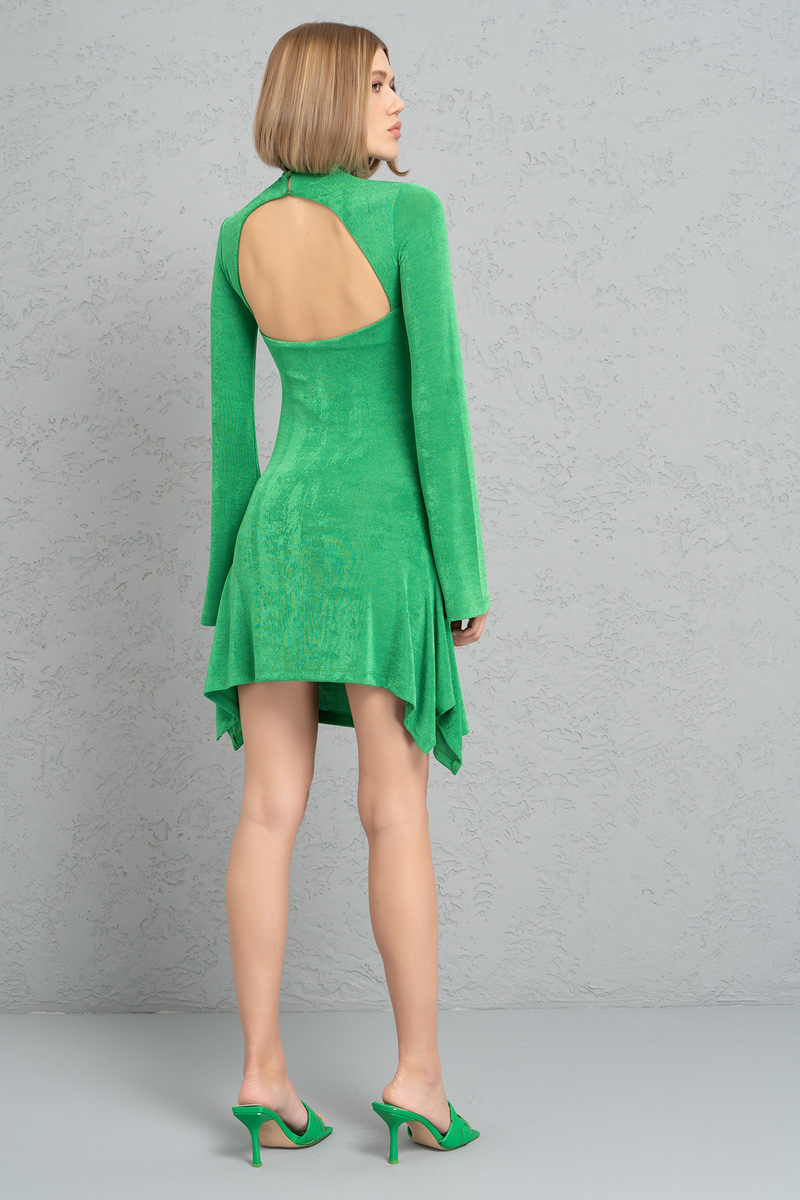 Kelly Green Yaka ve Sırt Detaylı Mini Elbise