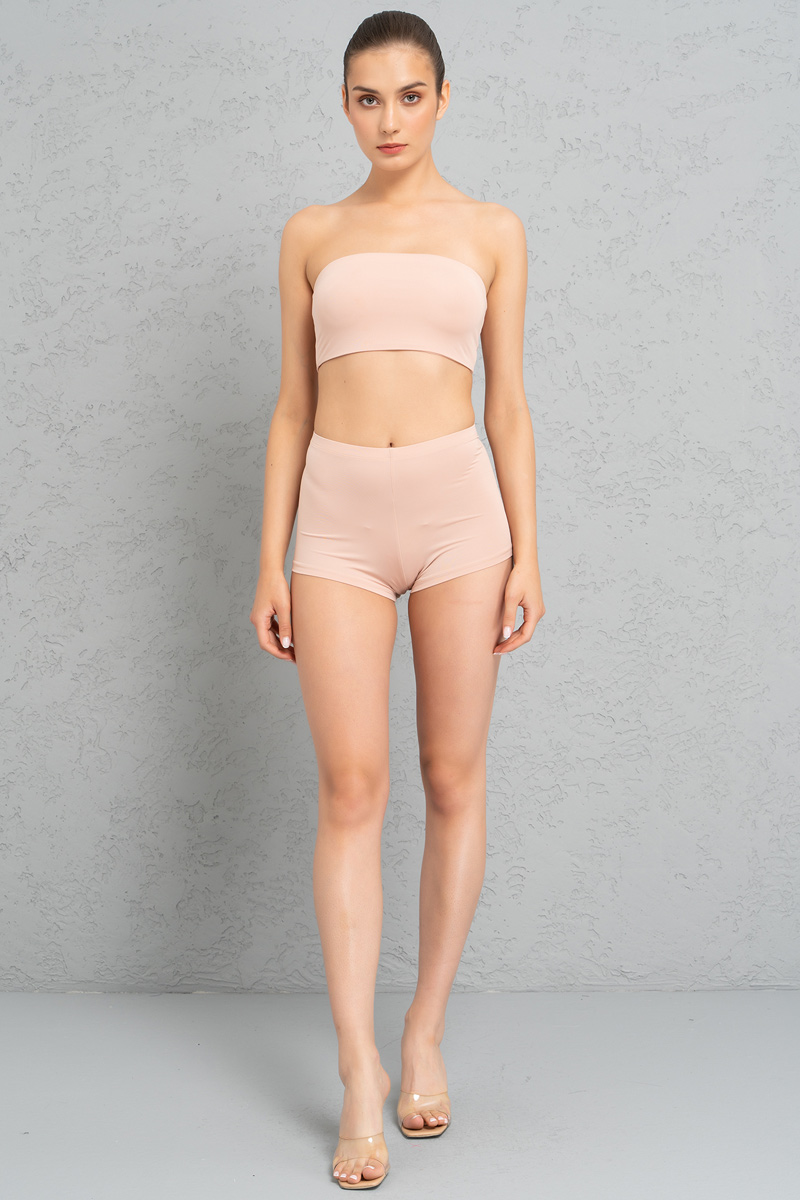 Basic Nude Bandeau And Booty Shorts Set