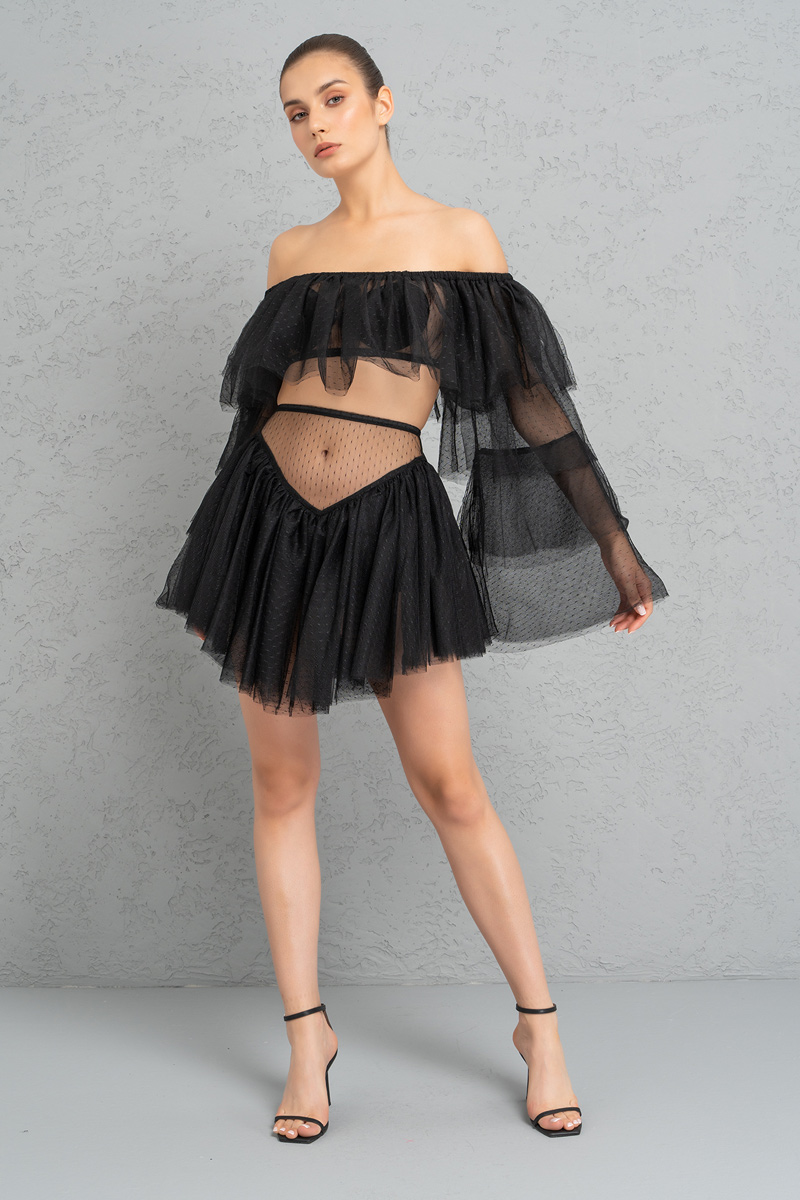Black Off-the-Shoulder Tulle Crop & Mini Skirt Set