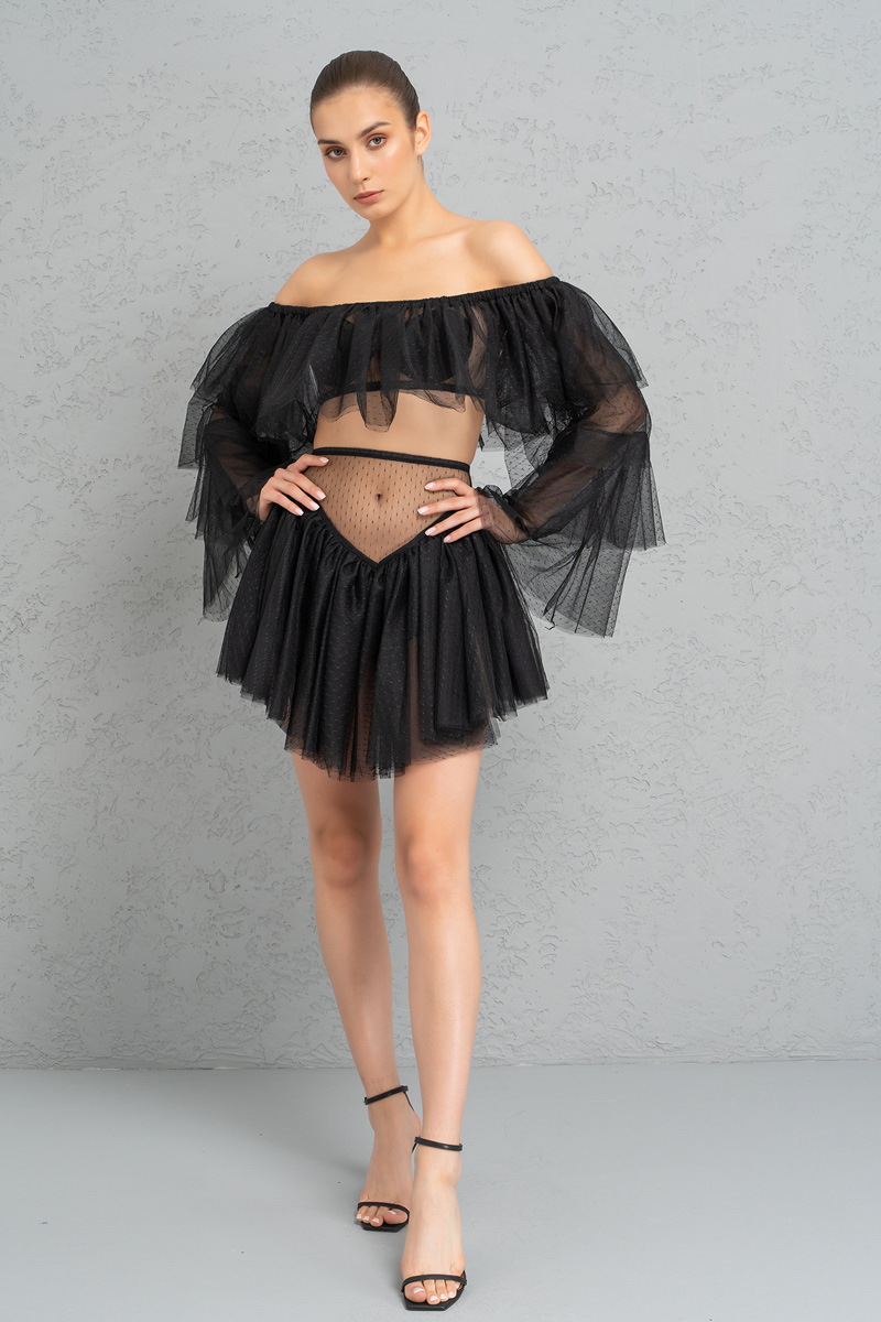 Wholesale Black Off-the-Shoulder Tulle Crop & Mini Skirt Set