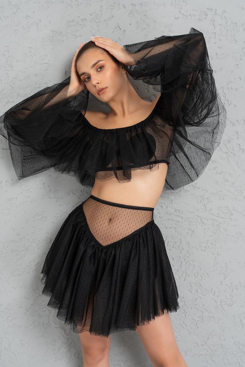 Black Off-the-Shoulder Tulle Crop & Mini Skirt Set