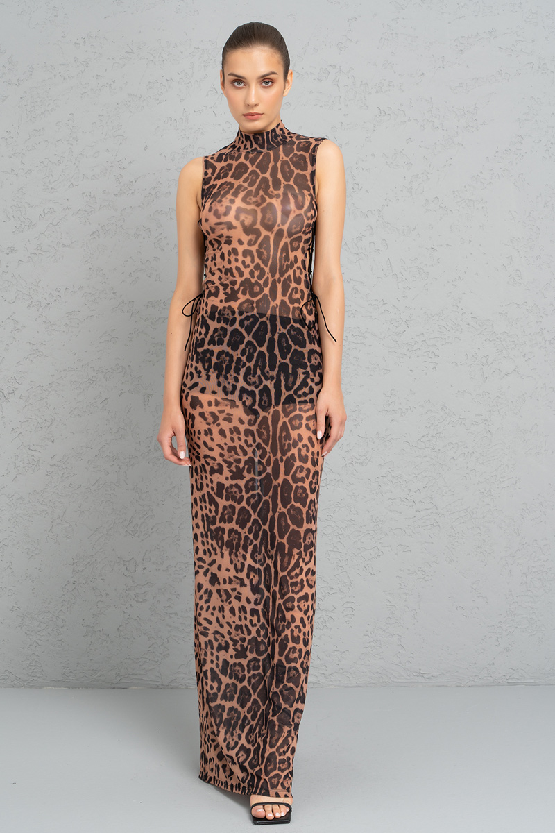 Wholesale Nude Black Leopard Leopard Mesh Maxi Dress