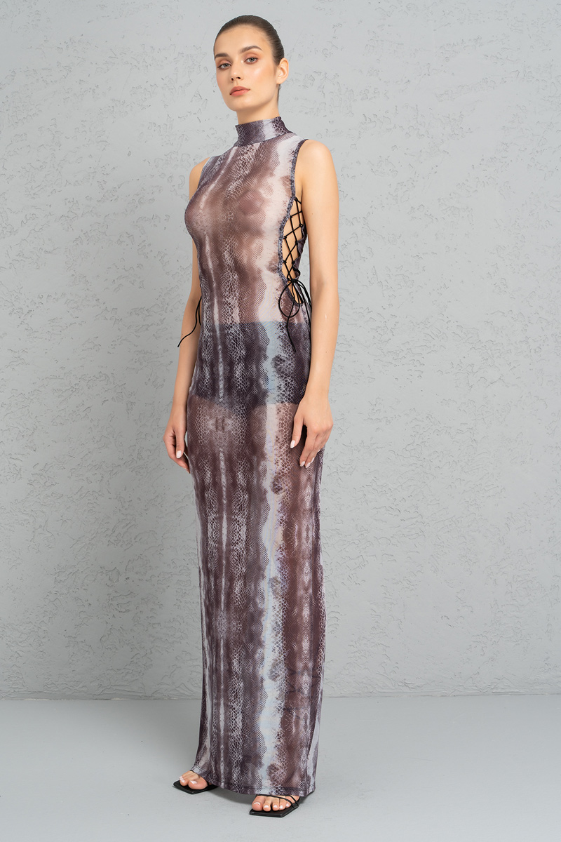 Wholesale GRAY - COMBO Leopard Mesh Maxi Dress