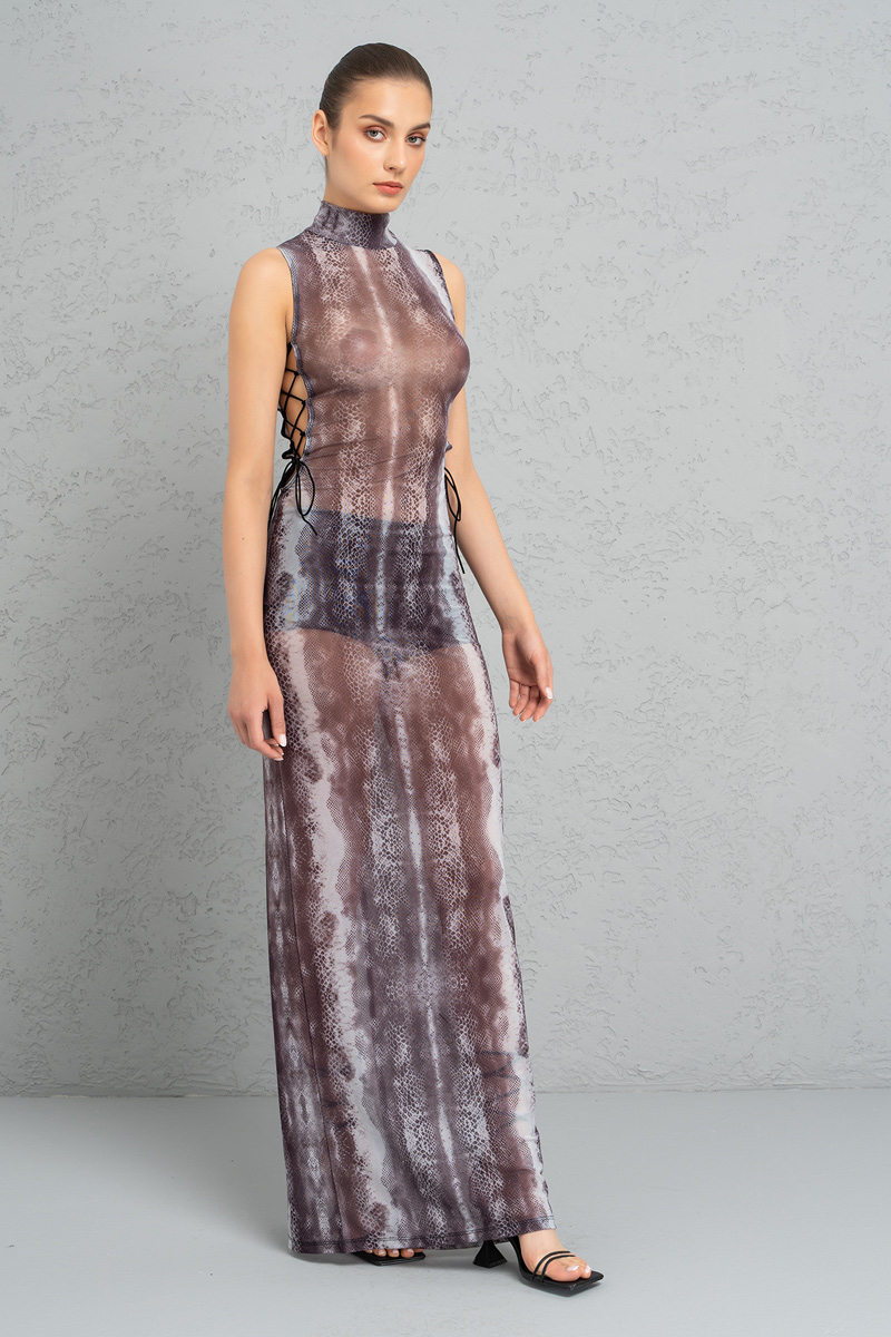 Wholesale GRAY - COMBO Leopard Mesh Maxi Dress