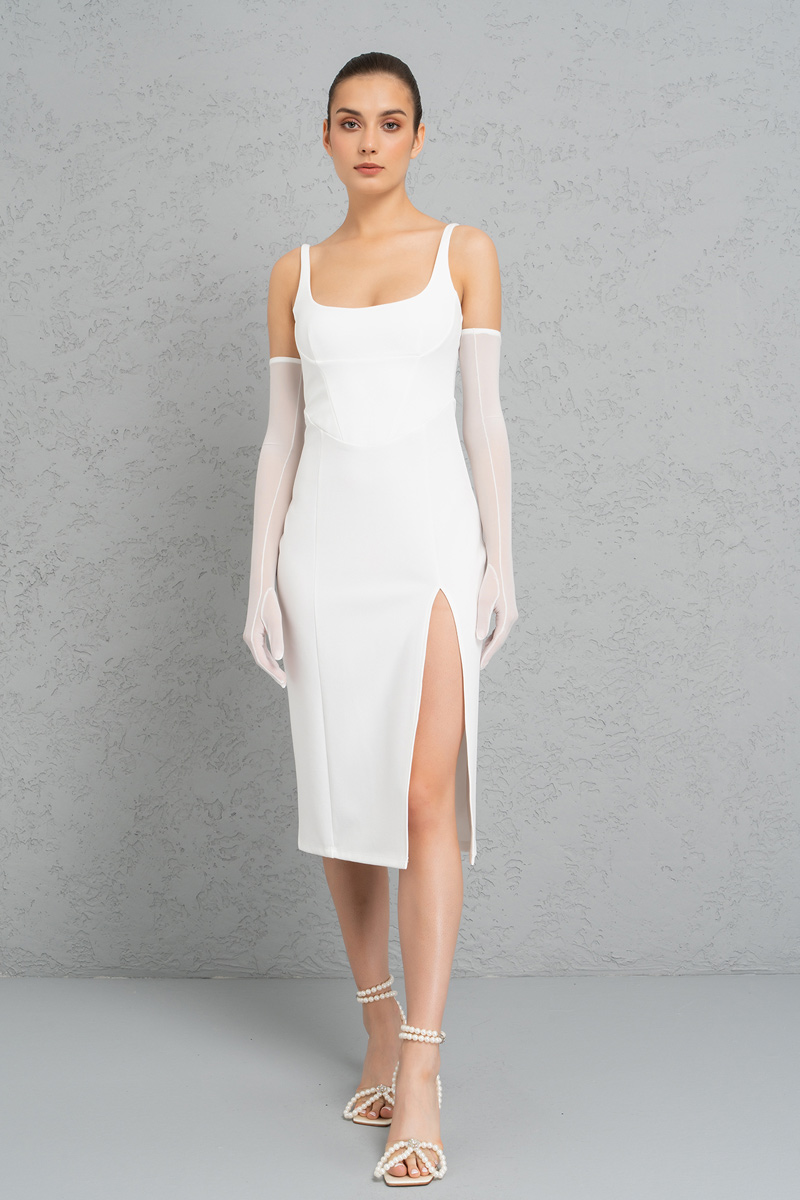 Offwhite Split-Leg Dress with Gloves