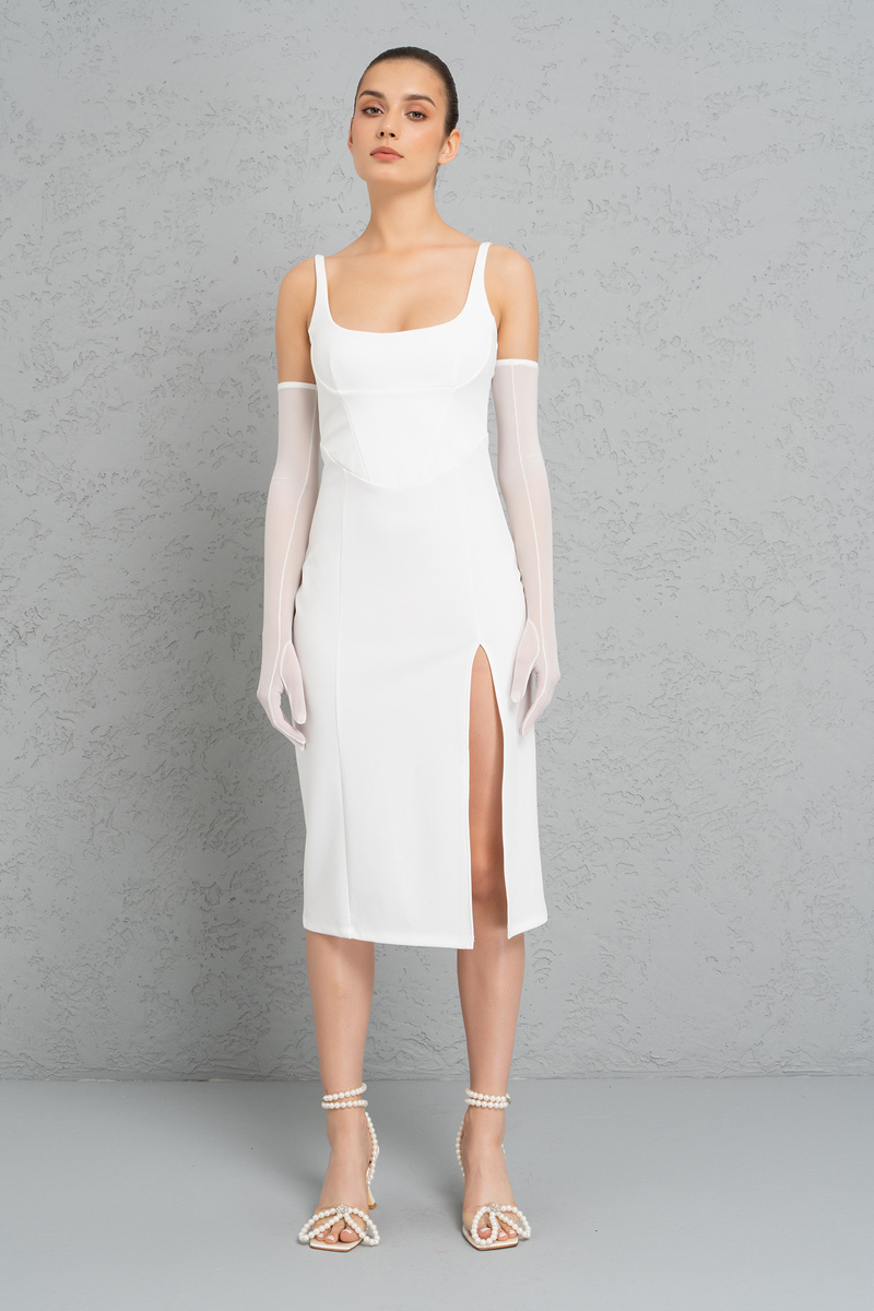 Offwhite Split-Leg Dress with Gloves