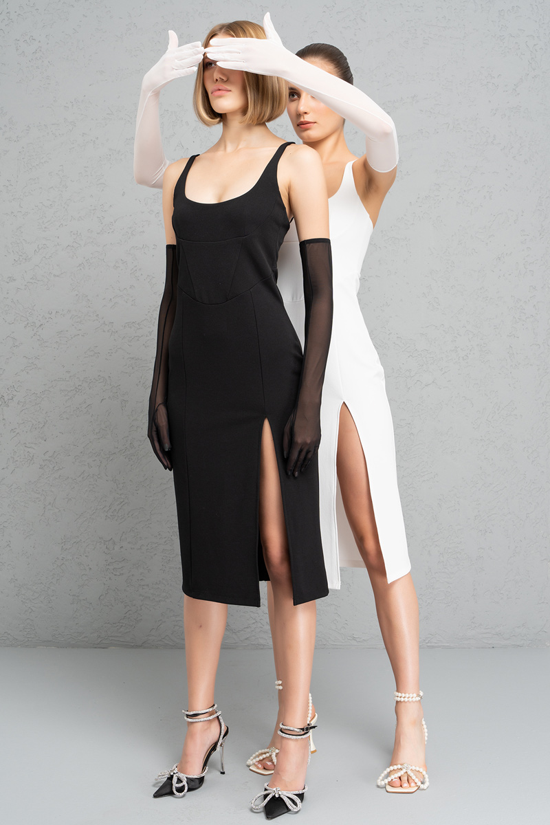 Offwhite Split-Leg Dress with Gloves