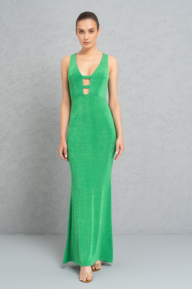 Wholesale Kelly Green Plunging Sleeveless Maxi Dress