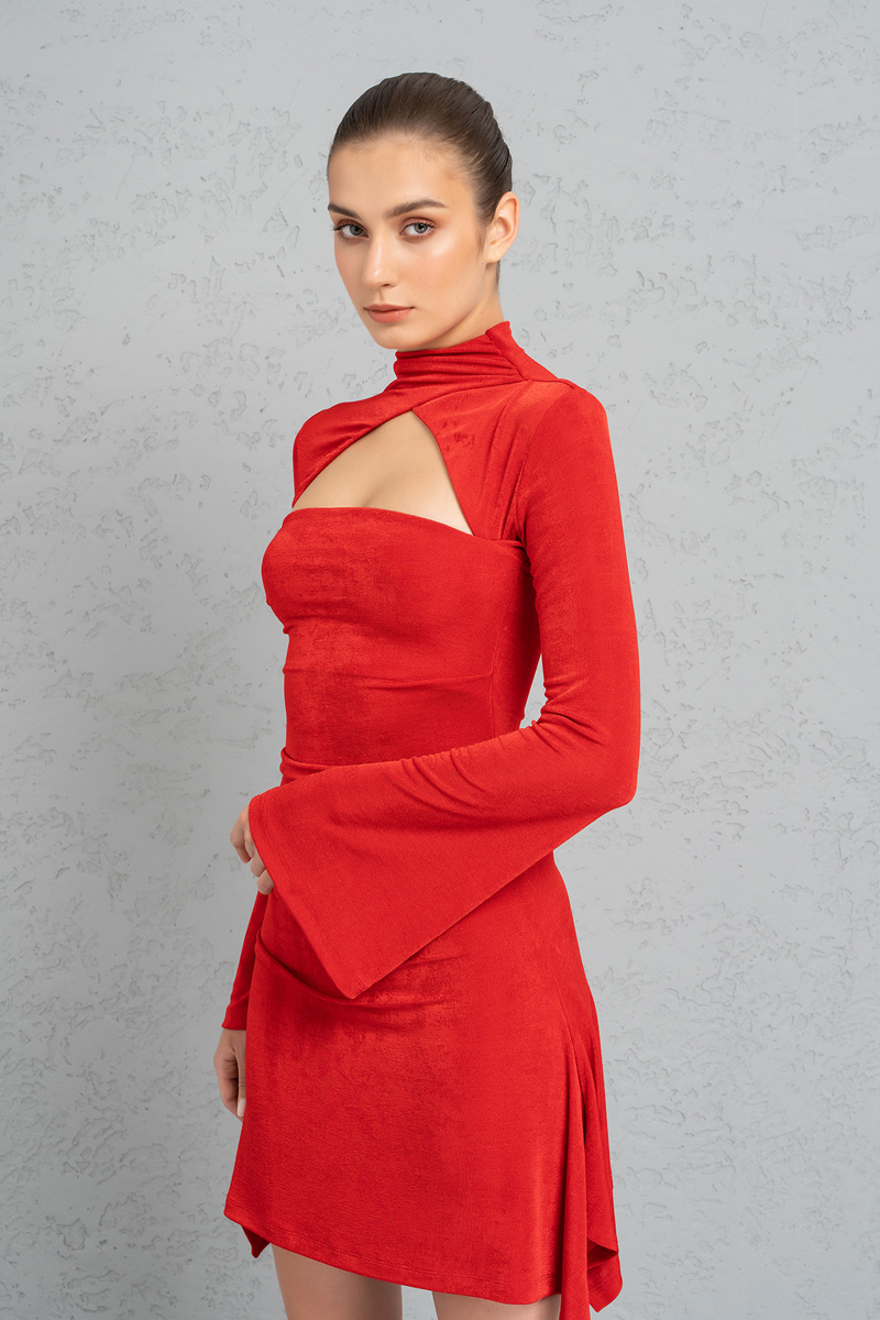 Kırmızı Yaka ve Sırt Detaylı Mini Elbise