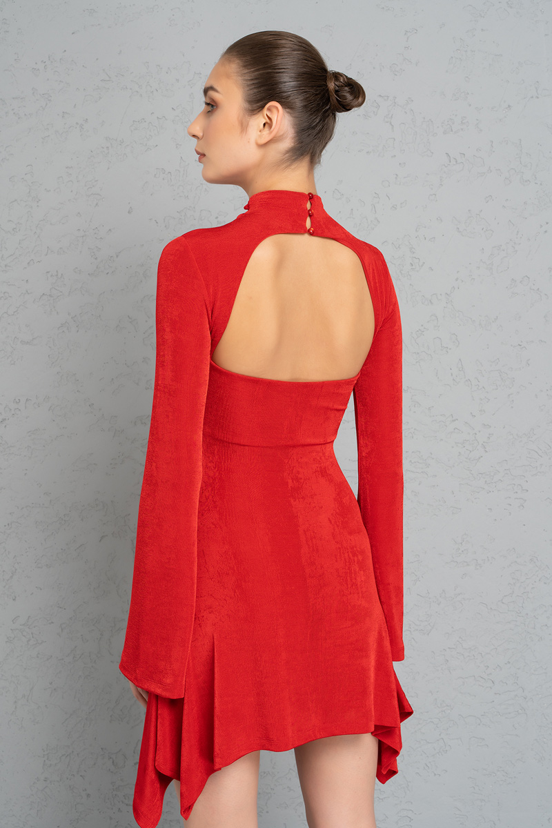Toptan Kırmızı Yaka ve Sırt Detaylı Mini Elbise