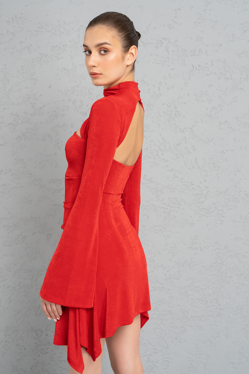 Toptan Kırmızı Yaka ve Sırt Detaylı Mini Elbise