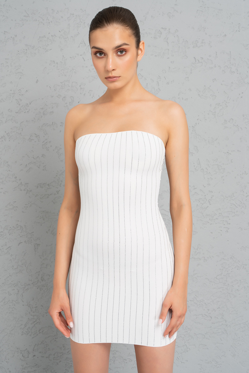 Offwhite Embellished Tube Mini Dress
