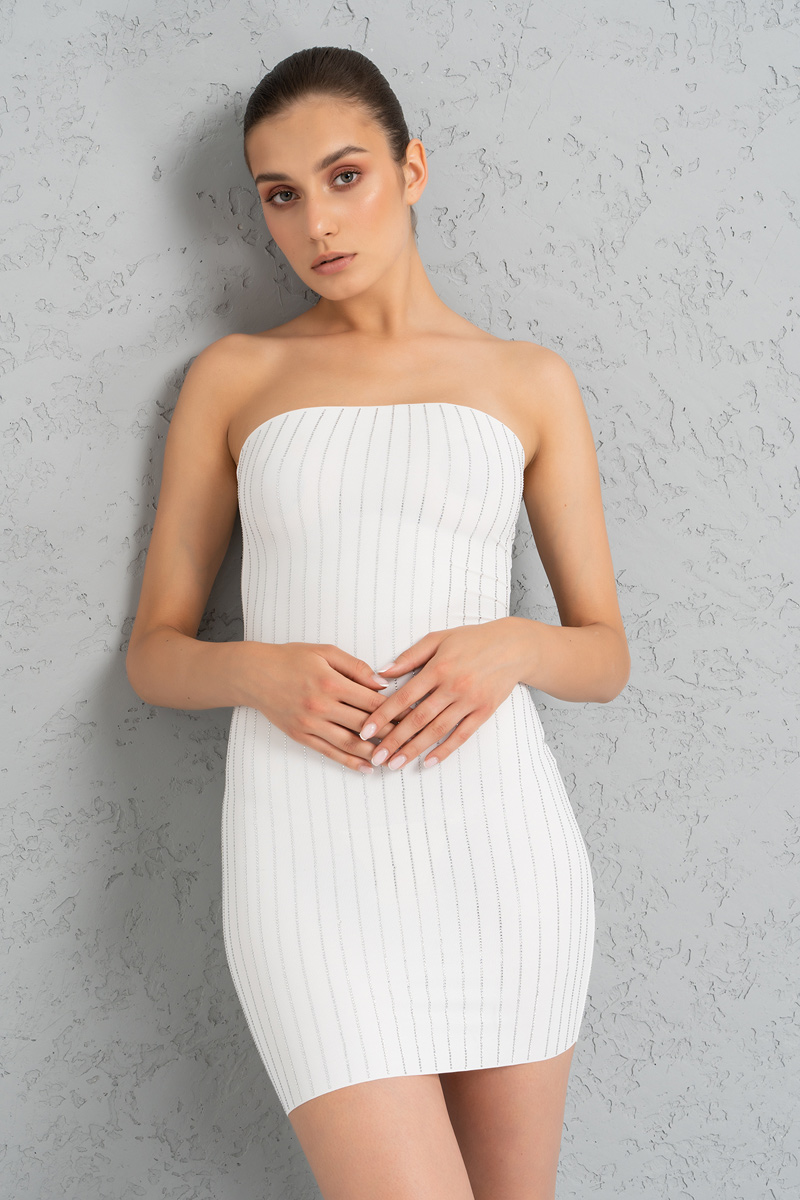 Offwhite Embellished Tube Mini Dress