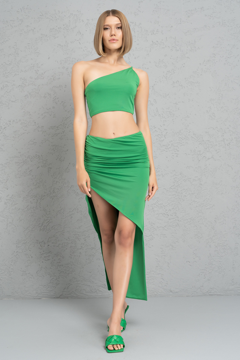 Wholesale Kelly Green One-Shoulder Crop Top & Split-Leg Skirt Set