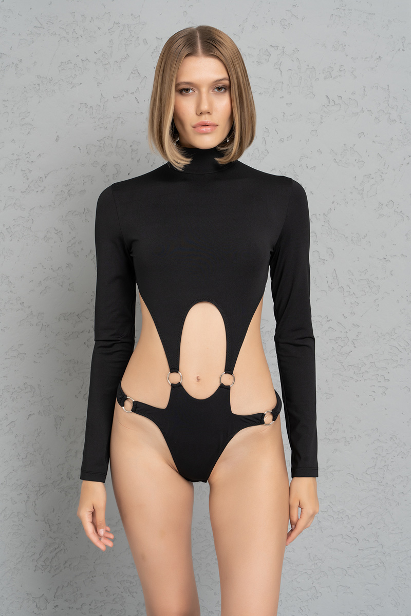 Wholesale Black Cut Out Mock Neck Bodysuit