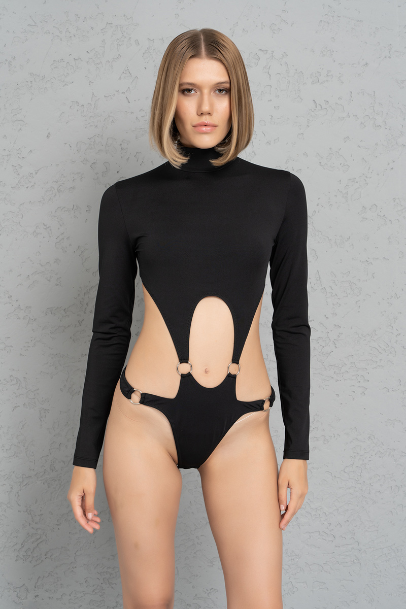 Wholesale Black Cut Out Mock Neck Bodysuit