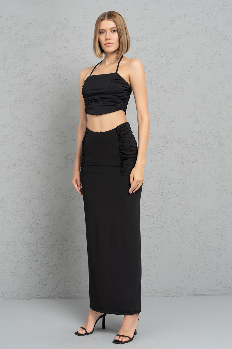 Black Shirred Halter Crop Top & Skirt Set