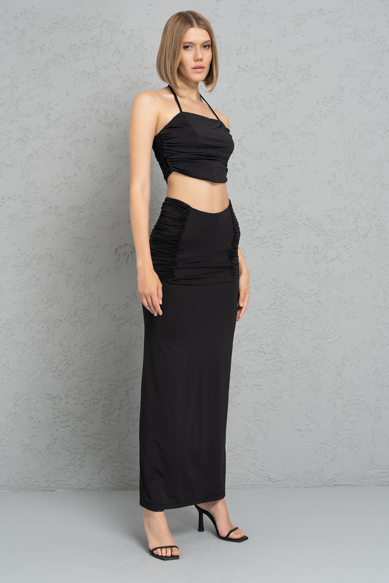 Black Shirred Halter Crop Top & Skirt Set
