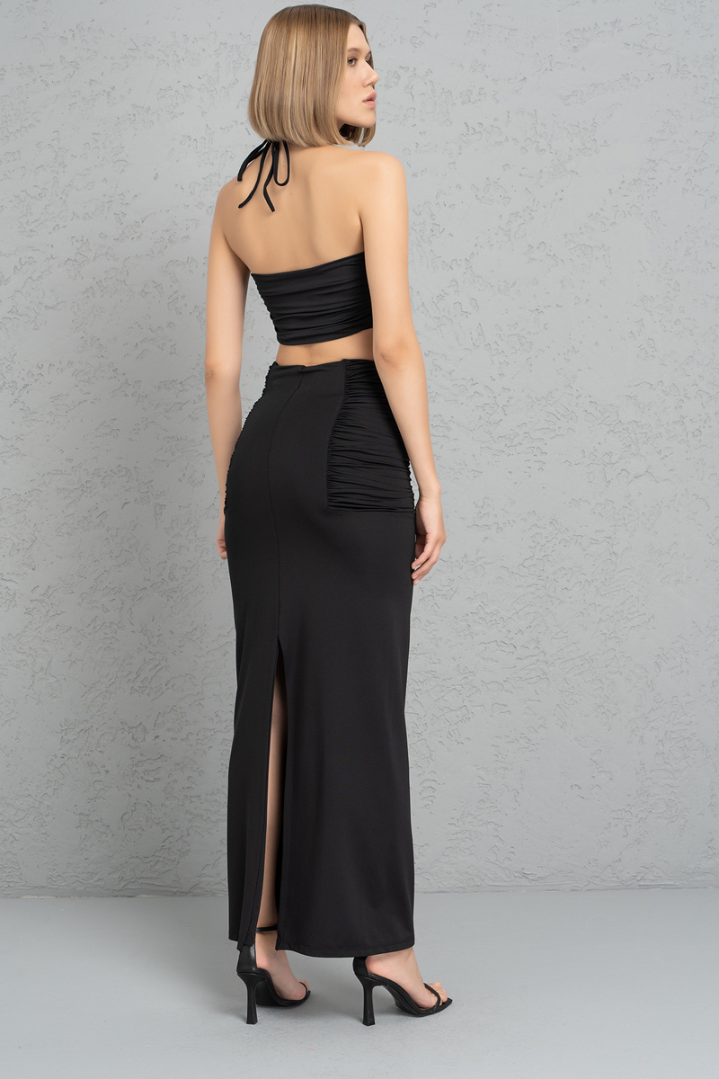 Wholesale Black Shirred Halter Crop Top & Skirt Set