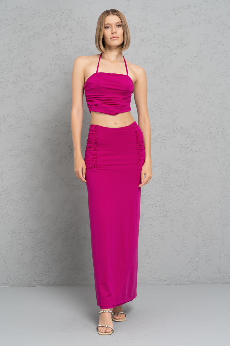 Wholesale Violet Shirred Halter Crop Top & Skirt Set