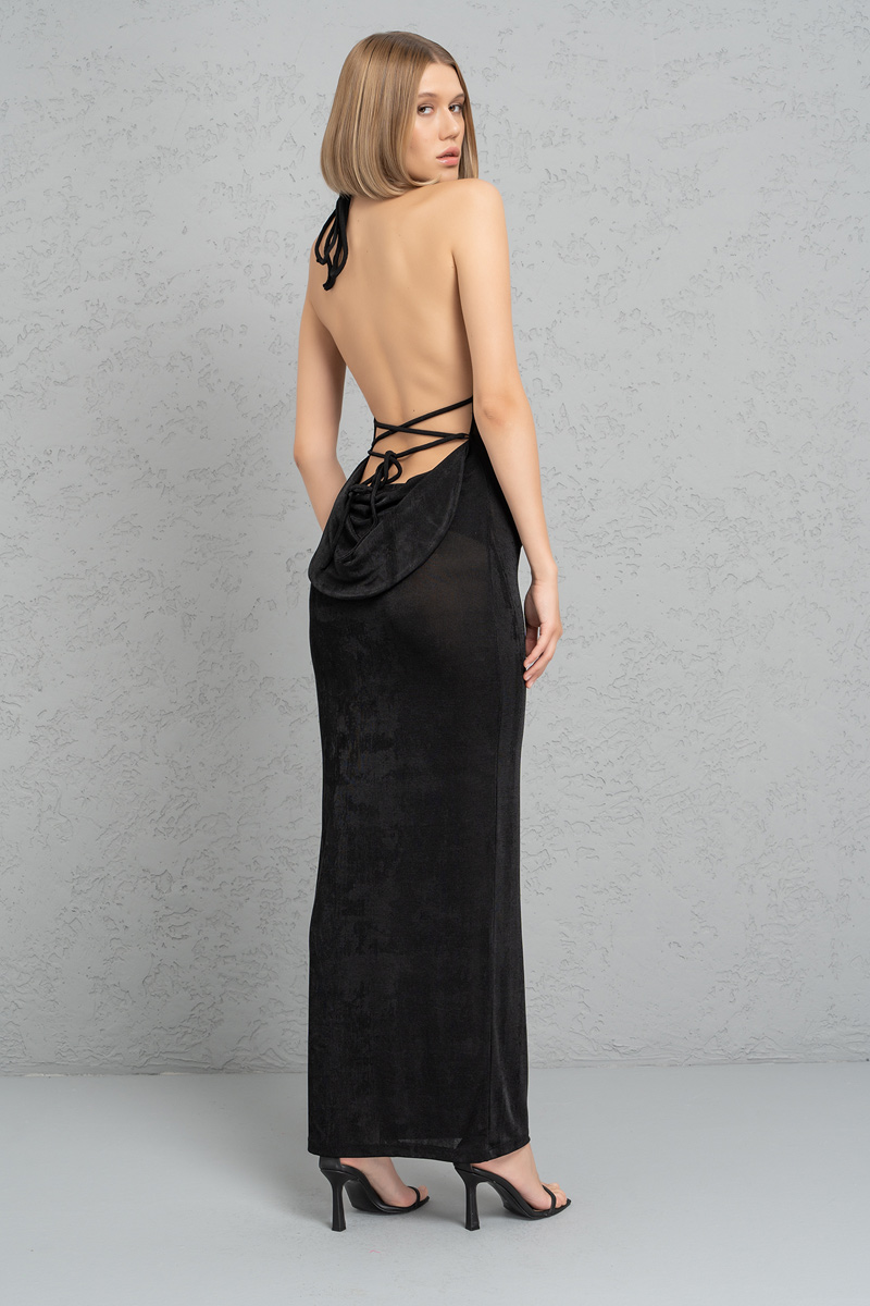Wholesale Black Self-Tie Neck and Back Maxi Dress