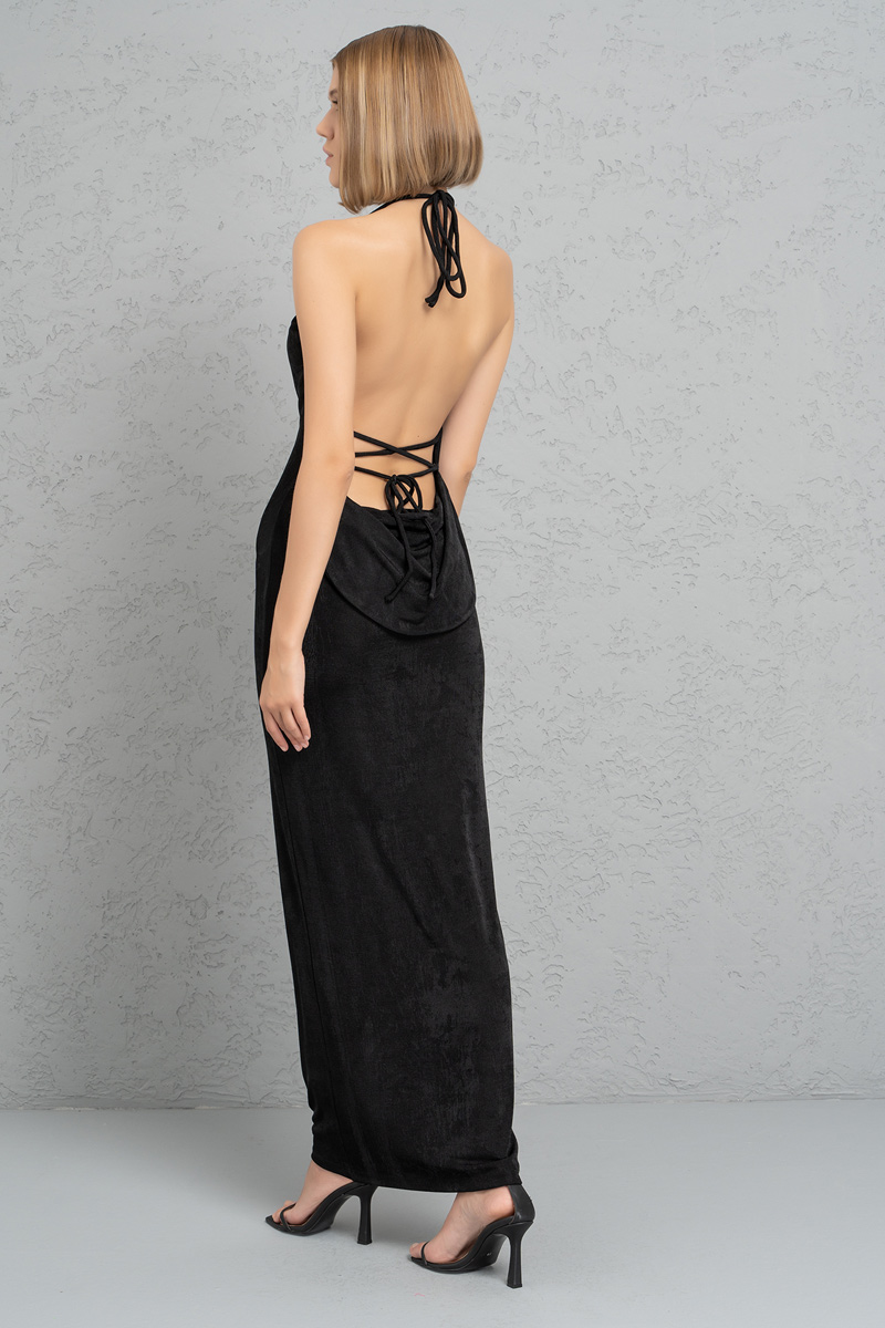 Wholesale Black Self-Tie Neck and Back Maxi Dress