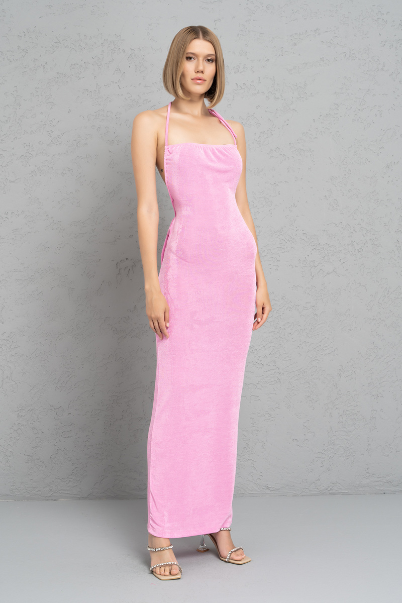 TAFFY PİNK Self-Tie Neck and Back Maxi Dress