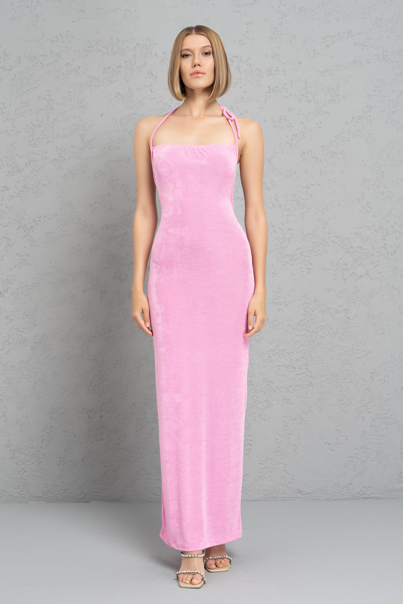 TAFFY PİNK Self-Tie Neck and Back Maxi Dress