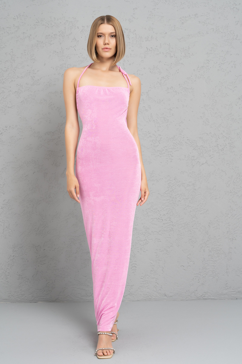 Wholesale TAFFY PİNK Self-Tie Neck and Back Maxi Dress