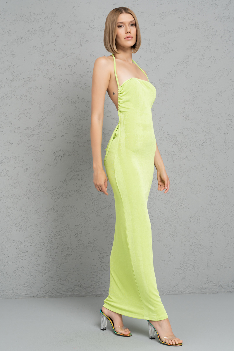 Wholesale Neon Green Self-Tie Neck and Back Maxi Dress