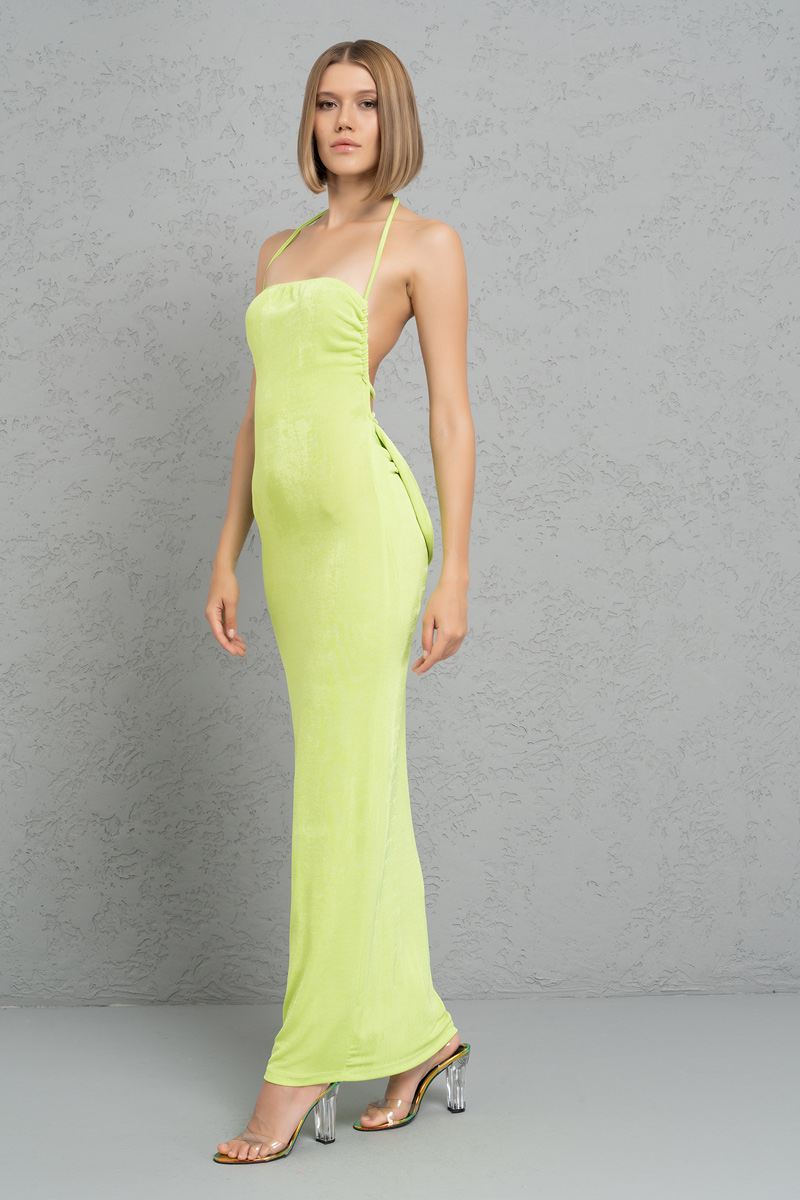 Wholesale Neon Green Self-Tie Neck and Back Maxi Dress