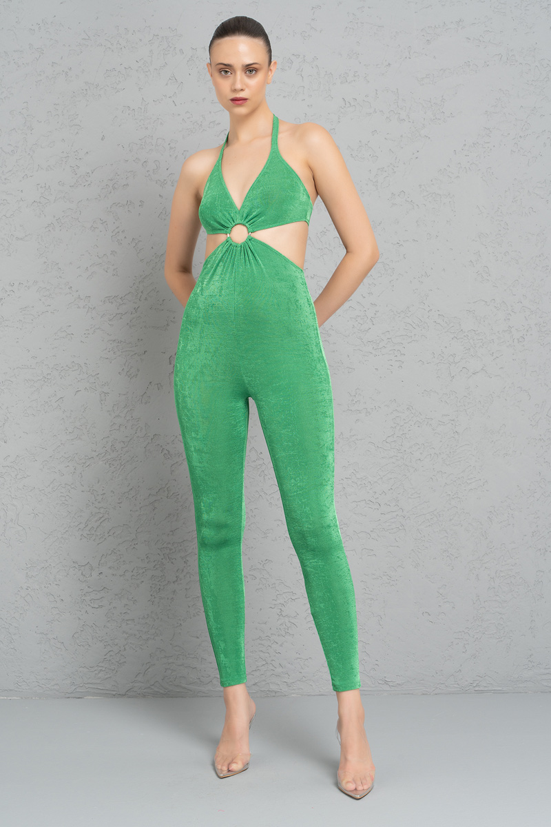Wholesale Kelly Green Halter Cut Out Catsuit