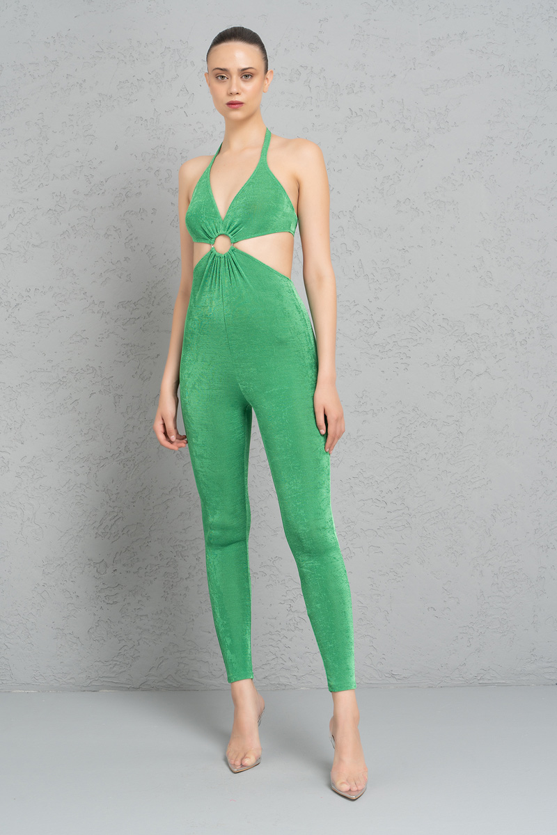 Wholesale Kelly Green Halter Cut Out Catsuit