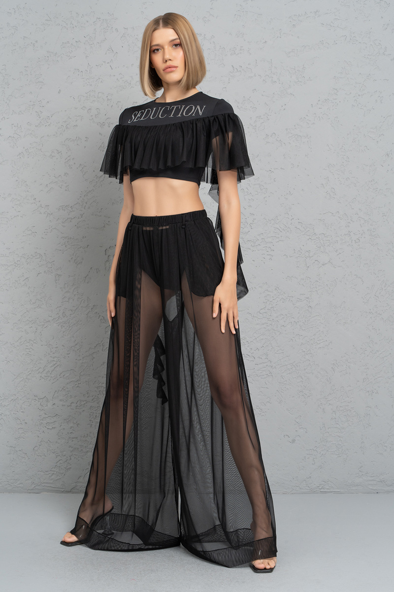 Wholesale Black Frill Crop Top & Sheer Pants with Shorts