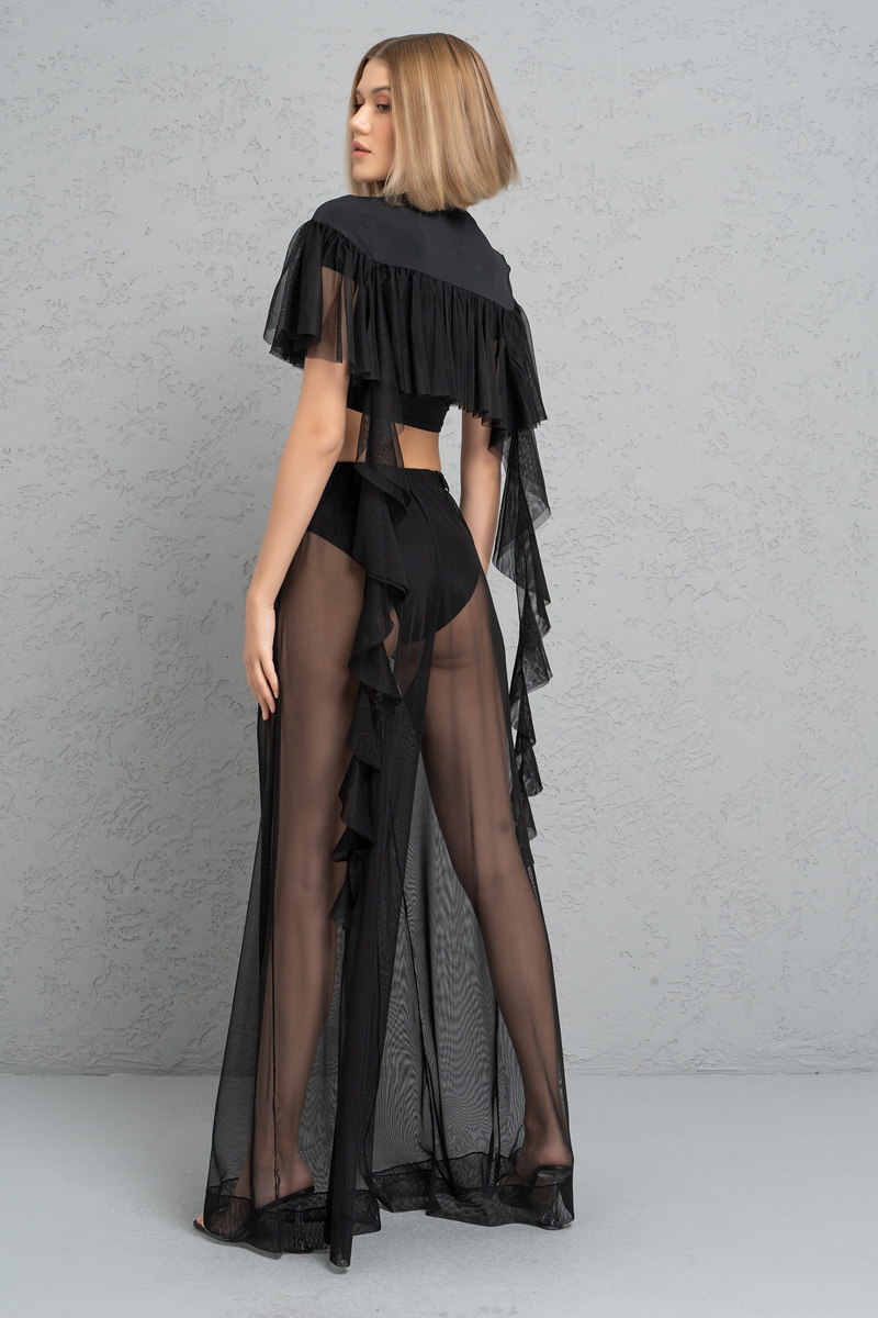 Wholesale Black Frill Crop Top & Sheer Pants with Shorts