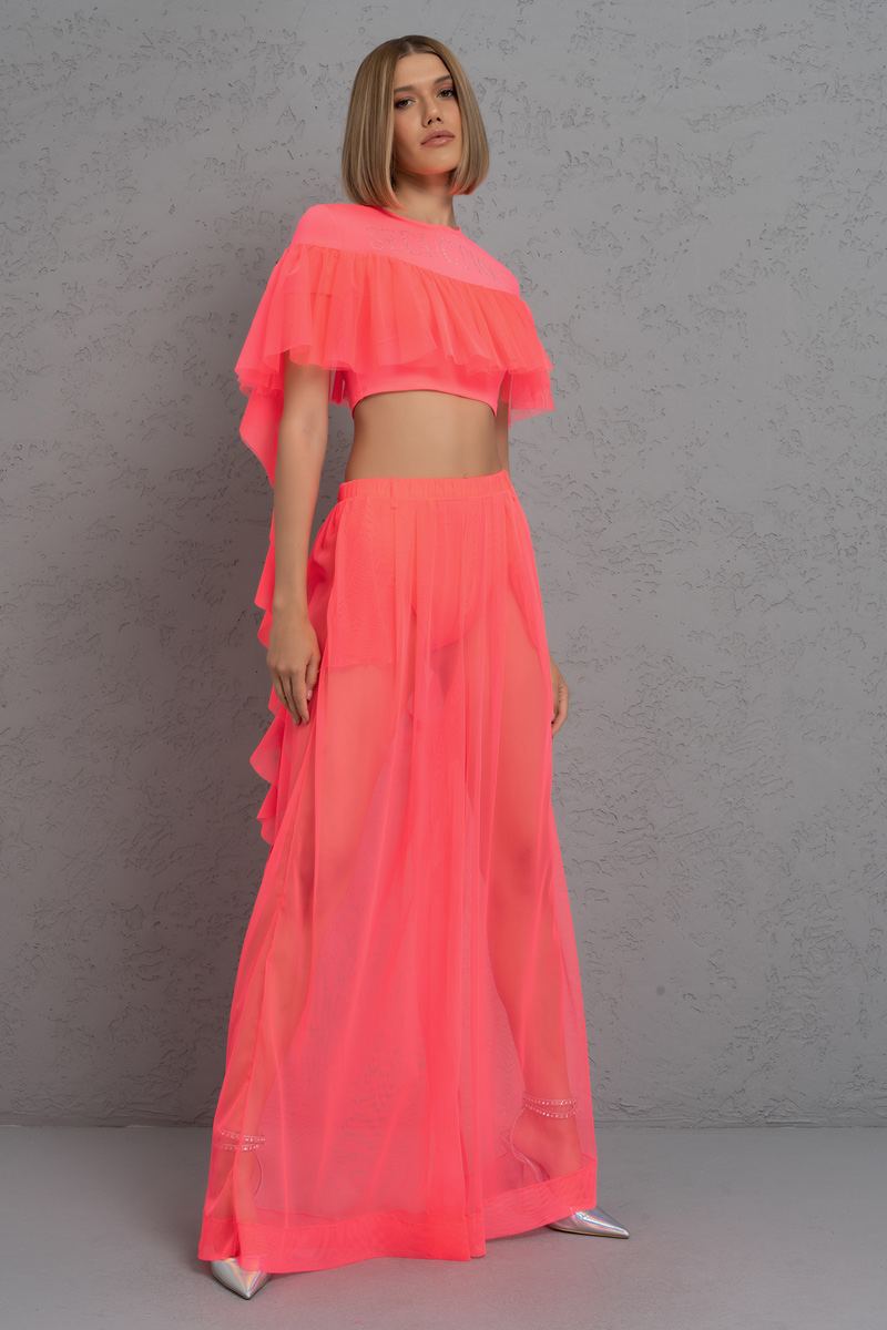 Wholesale Neon Fuchsia Frill Crop Top & Sheer Pants with Shorts